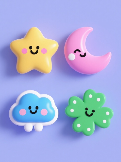纯色背景，3D立体风格，可爱元素系列素材集合，包含四个完全不同造型的卡通形象：黄色星星（带微笑表情和粉色腮红）、粉色月亮（带眨眼表情和白色高光）、蓝色云朵（带害羞表情和白色边缘）、绿色四叶草（带开心表情和白色圆点），所有元素均采用圆润造型、光滑表面、明亮柔和的渐变色彩、简洁的黑色线条表情、一致的光影效果，规整排布成2x2网格布局。预览效果