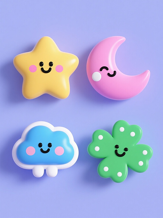 纯色背景，3D立体风格，可爱元素系列素材集合，包含四个完全不同造型的卡通形象：黄色星星（带微笑表情和粉色腮红）、粉色月亮（带眨眼表情和白色高光）、蓝色云朵（带害羞表情和白色边缘）、绿色四叶草（带开心表情和白色圆点），所有元素均采用圆润造型、光滑表面、明亮柔和的渐变色彩、简洁的黑色线条表情、一致的光影效果，规整排布成2x2网格布局。