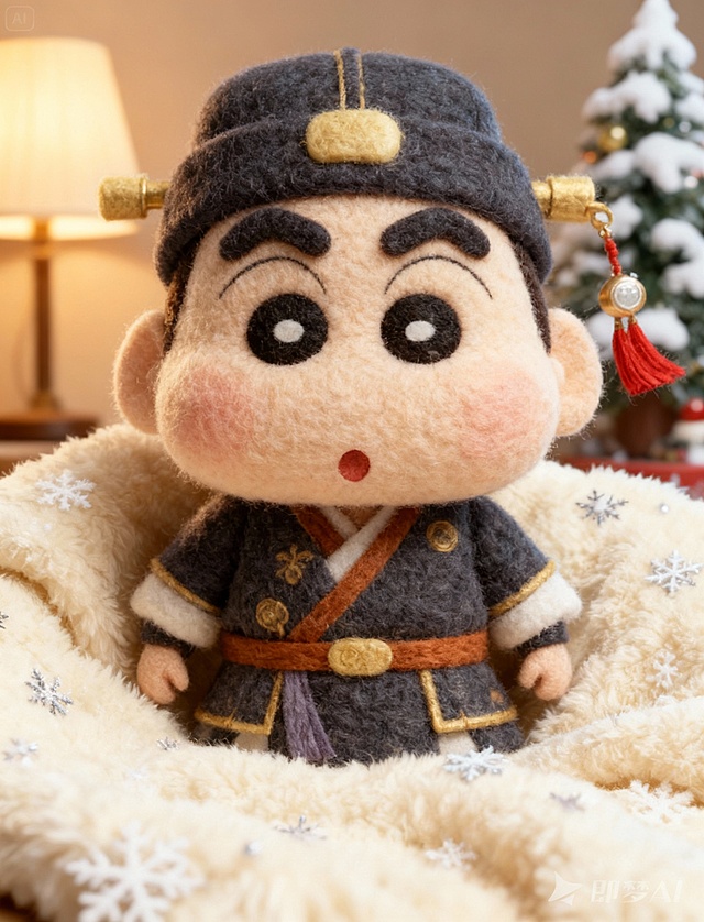 将图示商品变成毛绒绒质感，还原商品颜色细节。放在米白色毛绒毯上（点缀雪花装饰），背景为台灯、积雪圣诞树摆件。