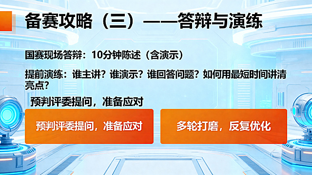 PPT内页，主色调科技蓝和活力橙，标题加粗微软雅黑字体"备赛攻略（三）——答辩与演练"，内容要点：国赛现场答辩：10分钟陈述（含演示）；提前演练：谁主讲？谁演示？谁回答问题？如何用最短时间讲清亮点？预判评委提问，准备应对；多轮打磨，反复优化；使用微软雅黑常规字体，排版清晰，现代科技教育风格