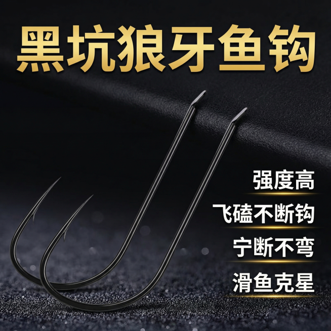生成一张拼多多1:1商品主图，商品为黑坑狼牙鱼钩，参考例图保留鱼钩外观，只展示不超过两个鱼钩，简约醒目风格。产品名"黑坑狼牙鱼钩"放大展示，文字与背景不同色。核心卖点文字：强度高、飞磕不断钩、宁断不弯预览效果