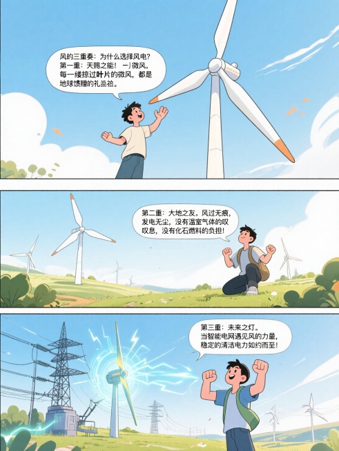 风的三重奏：为什么选择风电？
🌬️ 第一重：天赐之能
每一缕掠过叶片的微风
都是地球馈赠的永不枯竭的礼物
🌍 第二重：大地之友
风过无痕，发电无尘
没有温室气体的叹息
没有化石燃料的负担
💡 第预览效果