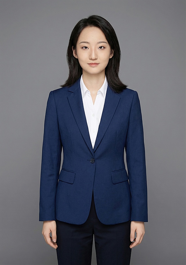 请生成一张职业照，要求脸部还原度高，不假，背景为灰色，站姿。