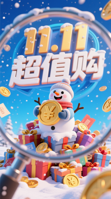 3D卡通风格。透过前景模糊的放大镜的POV视角+鱼眼构图，一个穿着冬装的迷你雪人在一大堆凌乱堆叠的礼盒、购物券、金币（上面“￥”符号）顶部，以夸张且享受的的表情抱着一个硕大的大金币，冬雪覆盖在小雪人和预览效果