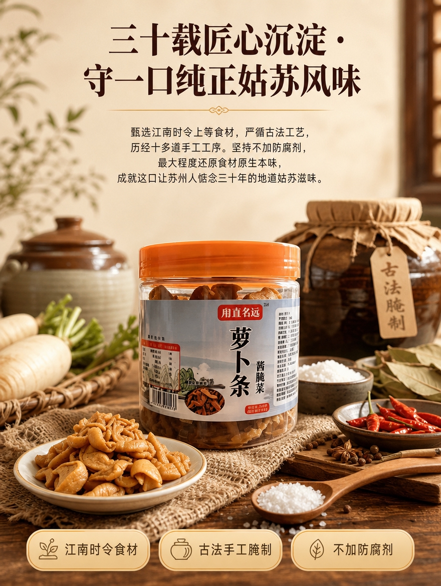 [商品] 使用【图2】罐装萝卜条作为居中主产品；保留透明罐身、… - 图片创意预览