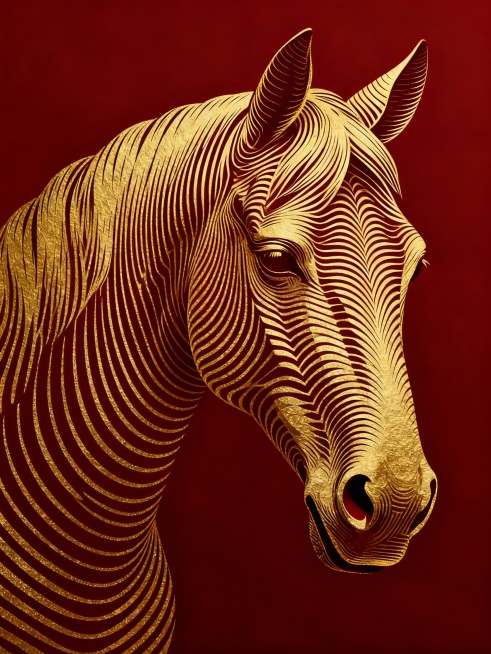 强烈的平面设计感，竖版画幅，平面视角。背景设定为暗红色，但被巨大的、由细密烫金色水平波浪线条构成的马头正脸形象，通过线条的位移和扭曲形成，呈现出动态干扰的错视效果，构成了画面的主要视觉纹理。具有极高对预览效果
