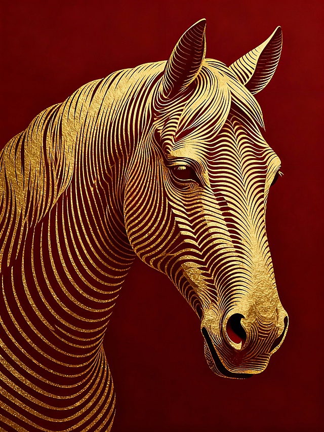 鎏金浮雕风格的马首，以描边线条勾勒出中式古典韵味，双色设计融合金属质感，尽显奢华与优雅。