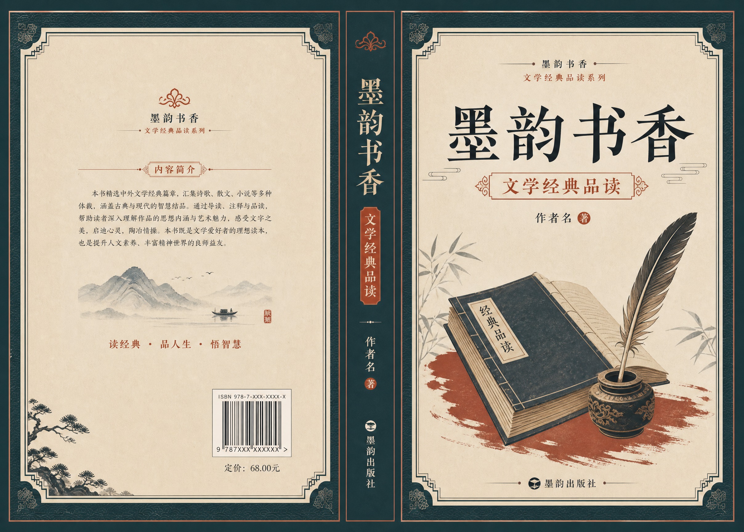 16开小说封面设计（含书脊和封底展开图），主题为"墨韵书香"读… - 图片创意预览