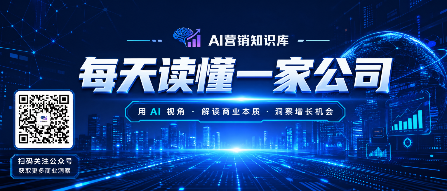 公众号banner图，主题为"每天读懂一家公司"，科技未来感风格，左下角放置提供的二维码，在图中标注品牌文字"AI营销知识库"，科技未来感背景，蓝色赛博风格，主标题文字醒目预览效果