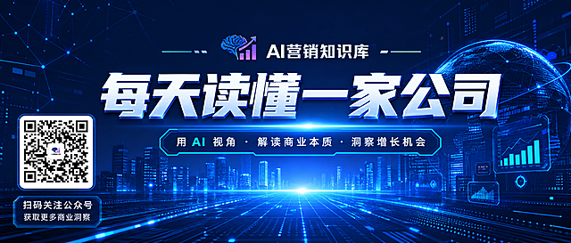 公众号banner图，主题为"每天读懂一家公司"，科技未来感风格，左下角放置提供的二维码，在图中标注品牌文字"AI营销知识库"，科技未来感背景，蓝色赛博风格，主标题文字醒目