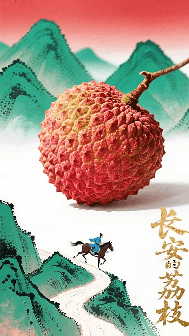 一颗巨大的荔枝落在连绵的青绿山脉间，在画面上方，前景正面特写，荔枝大，山小，对比强烈，下面是一个极小的穿蓝色衣服的唐朝驿夫正骑着马在山路上飞奔着，金色书法字体“长安的荔枝”，笔锋有力，电影标题排版，在画面右下角，背景红绿白晕染渐变，细致工笔边缘，磨砂颗粒，中式审美，点彩水墨画，大面积留白，大小对比强烈