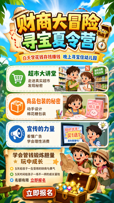 童趣活力夏令营宣传海报，画面整体为活泼清爽的户外风格，主标题大字为“财商大冒险寻宝夏令营”，副标题为“白天学花钱存钱赚钱 晚上寻宝住幼儿园”，三个主题板块分别为：🛒超市大讲堂走进真实超市发现秘密，?预览效果