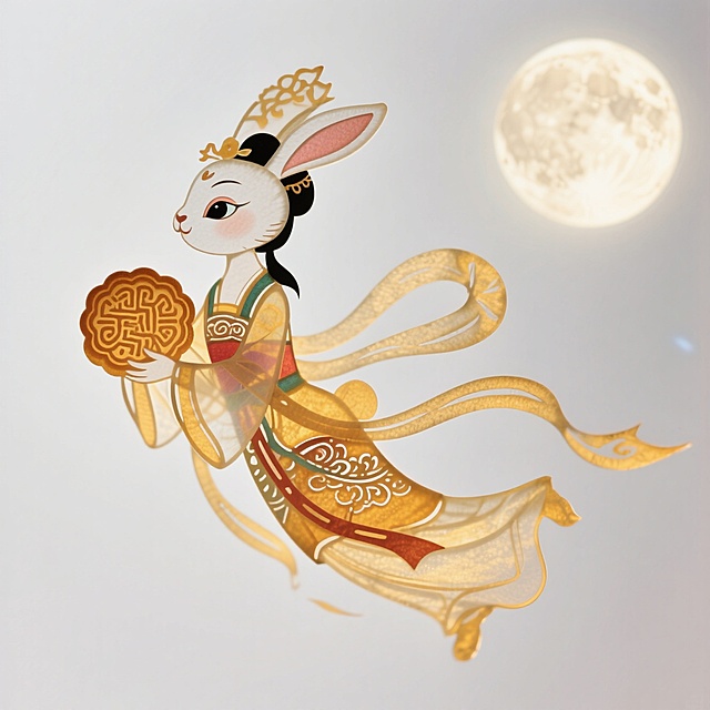Q版动漫，纯白底上的素材：一个嫦娥装扮的兔子飞天抱着月饼飞向月亮