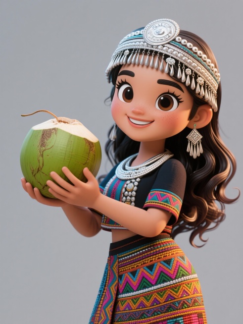 纯灰色背景，一个捧着椰子的左侧脸部海南黎族少女预览效果