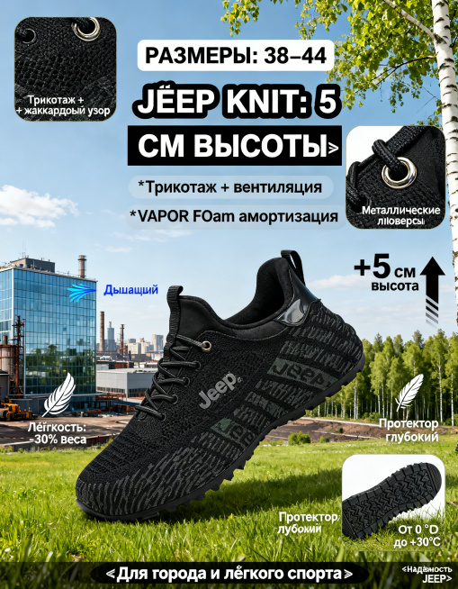 生成一张符合俄罗斯Ozon平台风格的电商主图，主体是一双黑色Jeep男士飞织厚底休闲鞋，鞋子主体呈45°角倾斜摆放，鞋头朝向画面左下，完整展现鞋身侧面、飞织提花"Jeep"字母、金属鞋眼、后跟TPU贴预览效果