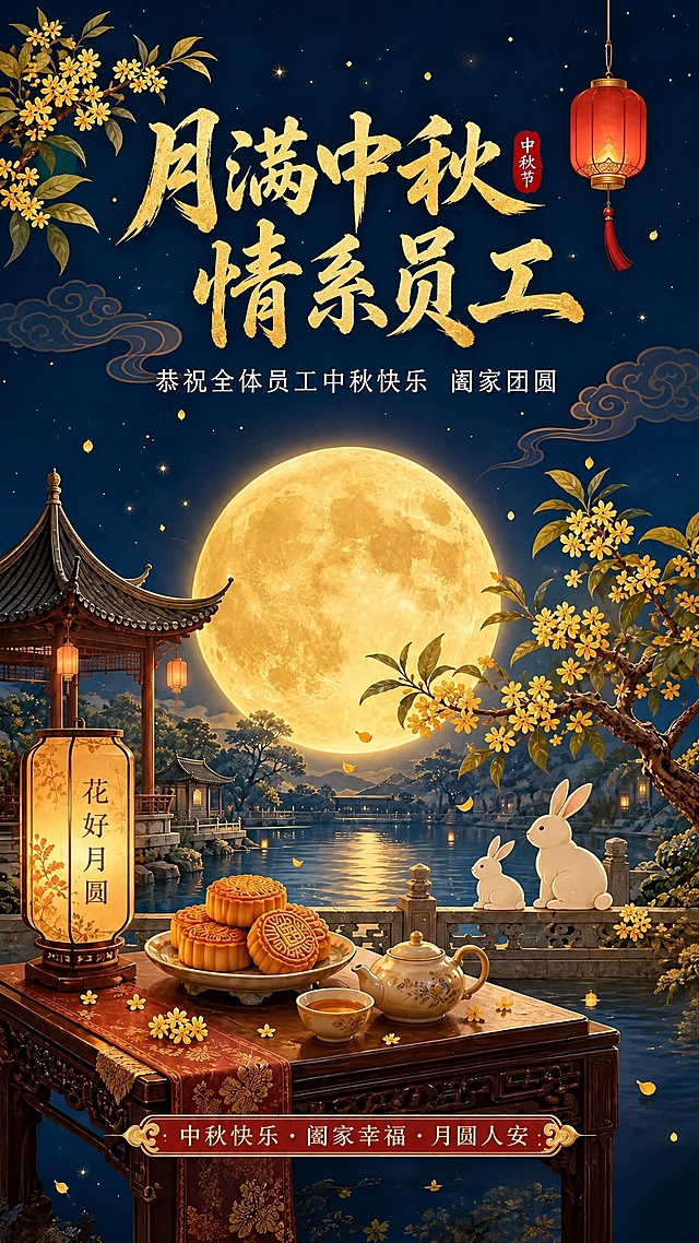 基于参考图进行修改：1. 去掉四周的金色边框和四角的回纹装饰图案；2. 去掉右下角的红色二维码占位方块；3. 将主标题文字改为"月满中秋 情系员工"，保留金色书法字体风格；4. 将副标题"航宇津诚食品有限公司 恭祝您中秋快乐 阖家团圆"改为"恭祝全体员工中秋快乐 阖家团圆"；5. 去掉底部"航宇津诚食品有限公司"文字，保留"中秋快乐·阖家幸福·月圆人安"横幅；6. 其余画面元素（满月、桂花、亭子、兔子、月饼、灯笼、夜景等）保持不变，整体风格保持国潮古风深蓝色调，画面完整自然，无违和感