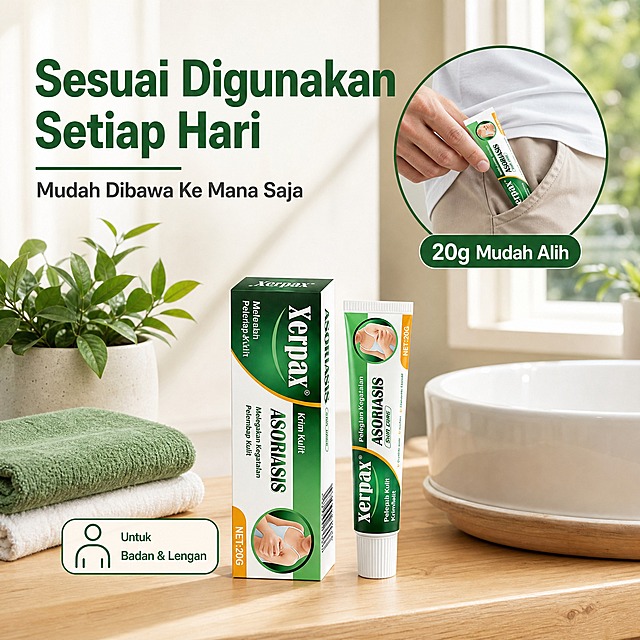 [主图-5] Xerpax Asoriasis Krim Kulit 20g 使用场景与便携性展示，亚马逊跨境主图。
[统一基调] 马来西亚市场，马来语可见文案，东南亚明亮风格，品牌主色为深绿色+白色+橙黄色点缀；主标题用干净无衬线粗体，深绿色字；辅助文案用深灰色无衬线体；图标和标签用圆角矩形，整体干净专业，移动端易读。
[画面] 温馨居家浴室场景，浅木色洗手台面上，Xerpax软膏软管和包装盒摆放在一旁，旁边有毛巾、绿植小盆栽和洗手池边缘；画面右上角有一个圆形小窗，展示一只手从口袋里拿出小巧的20g软膏，体现便携性；场景光线柔和自然，从窗户透进自然光，整体氛围干净舒适。
[光影质感] 真实生活场景摄影质感，自然光从右侧窗户照入，产品在台面上有自然柔和的阴影，材质真实，与场景融合自然，无悬浮感。
[配色] 浅木色+白色+浅绿的居家色调，深绿色主标题，整体明亮温暖，符合东南亚生活场景。
[文字版式] 左上角大字号主标题："Sesuai Digunakan Setiap Hari"；下方副标题："Mudah Dibawa Ke Mana Saja"；圆形小窗旁标注："20g Mudah Alih"；台面产品旁有小标签："Untuk Badan & Lengan"；所有文字为马来语，字体统一无衬线体，主标题最大最粗，文字放在负空间不遮挡产品。
[输出要求] 比例1:1，2048x2048，产品清晰，场景真实自然，文字清晰可读，无变形、错字、模糊、杂乱、水印、平台Logo。禁止出现中文，禁止人物面部，禁止手部畸形。