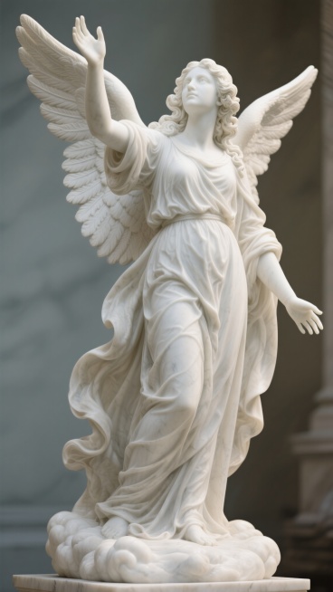 一座古典风格的白色大理石天使雕塑，雕塑展现一位女性天使形象，她有着卷曲的长发，面部表情宁静而庄重，双目微微向上仰望。天使的右手上举，掌心朝前，左手自然下垂，手指微屈。她身着褶皱繁复、飘逸动感的长袍，衣袍的纹理和垂坠感细腻逼真，仿佛被风吹动般富有生命力。背后展开一对巨大而丰满的羽翼，羽毛层次分明，雕刻精致。雕像基座为云朵造型，整体姿态优雅灵动，充满神圣与纯洁的氛围。雕塑表面光滑细腻，呈现出大理石……预览效果