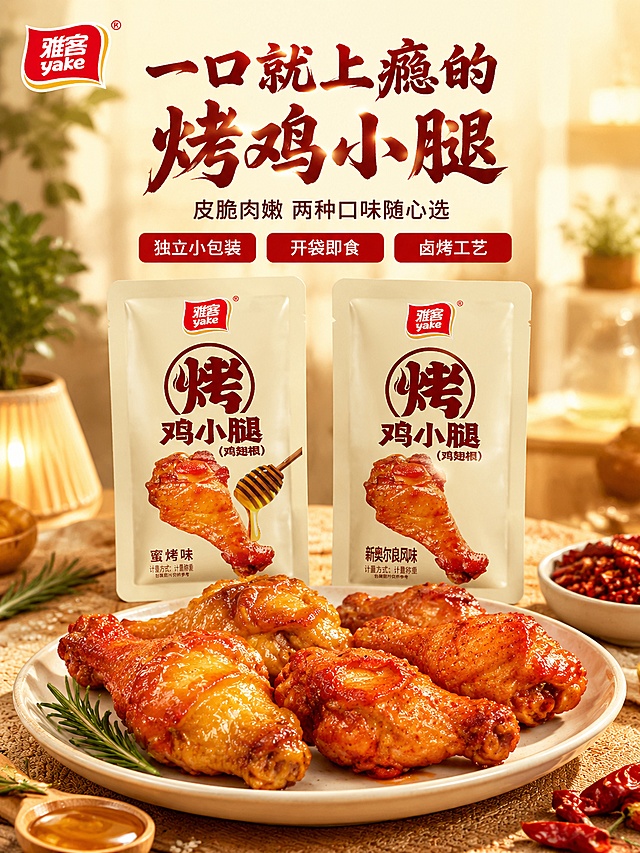 [第1屏] 详情页头图-雅客烤鸡小腿双口味食欲氛围海报。本屏使用【图1】蜜烤味包装袋作为左侧主体，【图2】新奥尔良风味包装袋作为右侧主体。
[氛围/风格] 暖调美食摄影风，抖音高点击强食欲感，温馨餐桌场景，自然暖阳逆光，商业摄影质感。
[元素布局] 画面中央偏下位置，两袋雅客烤鸡小腿（左蜜烤味、右新奥尔良风味）并排斜向摆放，前方白色陶瓷盘中盛放4-5只诱人的烤鸡翅根，两种口味各半，表皮金黄油亮，蜜汁微微反光。盘子周围点缀新鲜迷迭香、红辣椒段、蜂蜜小木勺、白芝麻。背景为暖米色厨房餐桌虚化场景，暖光台灯、绿植、木质餐垫营造居家温馨氛围。左上角放置雅客品牌Logo。**保持两款包装袋外观（物理结构、材质质感、颜色、文字排版）分别与输入图1、图2完全一致，杜绝任何变形和色差，精细化处理**。产品组合（包装袋+鸡翅根）占比约65%。
[光影质感] 自然暖阳逆光从后方打来，穿透鸡翅根表皮形成半透明油亮质感，正面柔光补光提亮肉质细节，蜜汁高光点清晰，阴影柔和不生硬，整体暖金色调，光比舒适有层次。
[配色色系] 全局底色 #FFF5E6（暖米黄）；主色蜜棕红、雅客红；辅助色原木色、米白、深棕。
[视角构图] 45度俯视偏平视，鸡翅根与包装袋为视觉中心，前中后景分层，景深中等，背景虚化突出主体，阅读动线从上到下。
[文字版式] 上方居中标题区。主标题「一口就上瘾的烤鸡小腿」，粗笔刷书法字体，深棕红色最大号粗体，带轻微暖金色外发光。副标题「皮脆肉嫩 两种口味随心选」，黑体约主标题一半大小，深棕色。下方三个圆角小标签横向排列：「独立小包装」「开袋即食」「卤烤工艺」，红底白字。标题字形全套沿用粗笔刷书法+黑体组合，字色以深棕红、深棕为主。
[比例分辨率] 3:4 竖版比例，4K 分辨率，文字清晰可辨，高清画质。
[负向提示词] 变形，水印，文字错乱，文字过小，缺件错件，结构错误，颜色偏差，包装文字错乱，产品图模糊，背景杂乱，多余的手，畸形手。