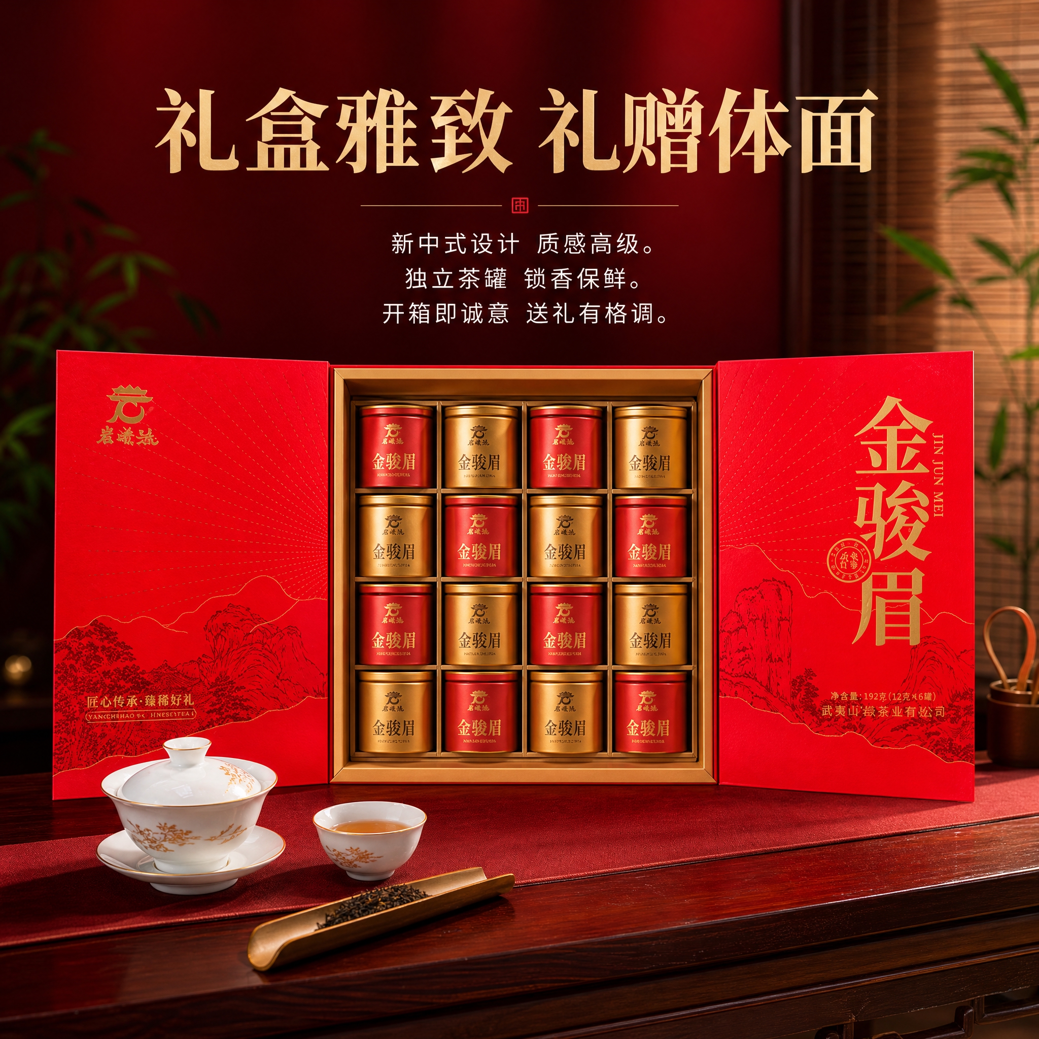 基于图中的岩曦号金骏眉红色双开礼盒（正面），生成抖音电商主图第… - 图片创意预览