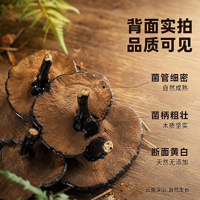 [主图-2] 黑灵芝背面与菌柄细节展示 核心亮点溯源。
[氛围风格] 自然质朴国风 品质细节展示 商业摄影质感。
[画质] 超高清商业摄影 光线柔和 细节锐利 产品真实清晰。
[元素] 画面主体为多朵黑灵芝背面朝上堆叠展示 可见棕褐色菌管面与黑色菌柄 菌柄断面呈木质黄白色 保持黑灵芝背面外观结构材质颜色与输入产品图完全一致 杜绝变形色差。背景为古朴原木桌面 木纹清晰 桌面散落少量干草与灵芝孢子粉质感 营造天然晾晒的质朴感。右侧与上方留负空间。商品主体占比约70%。画面满屏无边框。
[光影] 左侧柔和自然光照射 菌管纹理清晰可见 菌柄黑色亮面有自然反光 桌面有柔和投影 整体暖调 光影层次丰富。
[配色] 主色调暖棕木色 辅助色深褐色 强调色墨绿色（少量植物点缀）。
[视角构图] 45度俯视角度 灵芝主体居中偏左下 右上留负空间 景深较浅 突出主体细节。
[文字版式] 右上负空间右对齐排版。主标题"背面实拍 品质可见" 粗黑体 深棕色 大号字体。下方三条卖点引线指向对应部位 引线为细实线深棕色：第一条指向菌管面"菌管细密 自然成熟" 第二条指向菌柄"菌柄粗壮 木质坚实" 第三条指向断面"断面黄白 天然无添加"。每条卖点为上关键词下说明的结构 关键词稍大。底部右侧小字"云南深山 自然生长"。
[输出要求] 1:1比例 文字清晰锐利 超高清商业摄影质感。
[负向提示词] 变形 文字错乱 产品图模糊 背景杂乱 水印 电商平台Logo 产地直发字样。