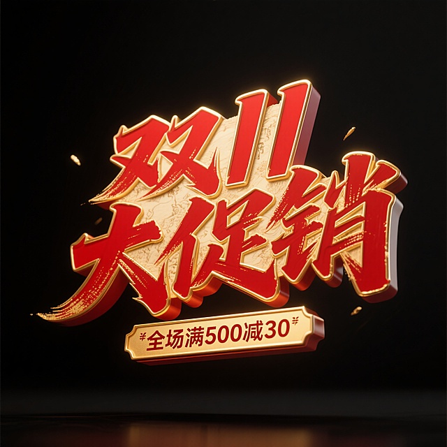 3D鎏金大字风设计，喜庆促销感十足，彰显双11购物狂欢节氛围。
