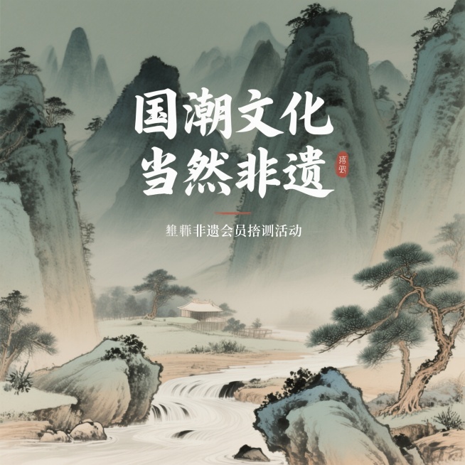 一幅以山水为主题的国风背景画面，用于非遗会员体验活动，画面中融入传统山水元素，如远山、近石、流水、青松，整体色调古朴雅致，呈现出宁静悠远的意境，画面中央上方有文字“国潮文化，当然非遗”预览效果