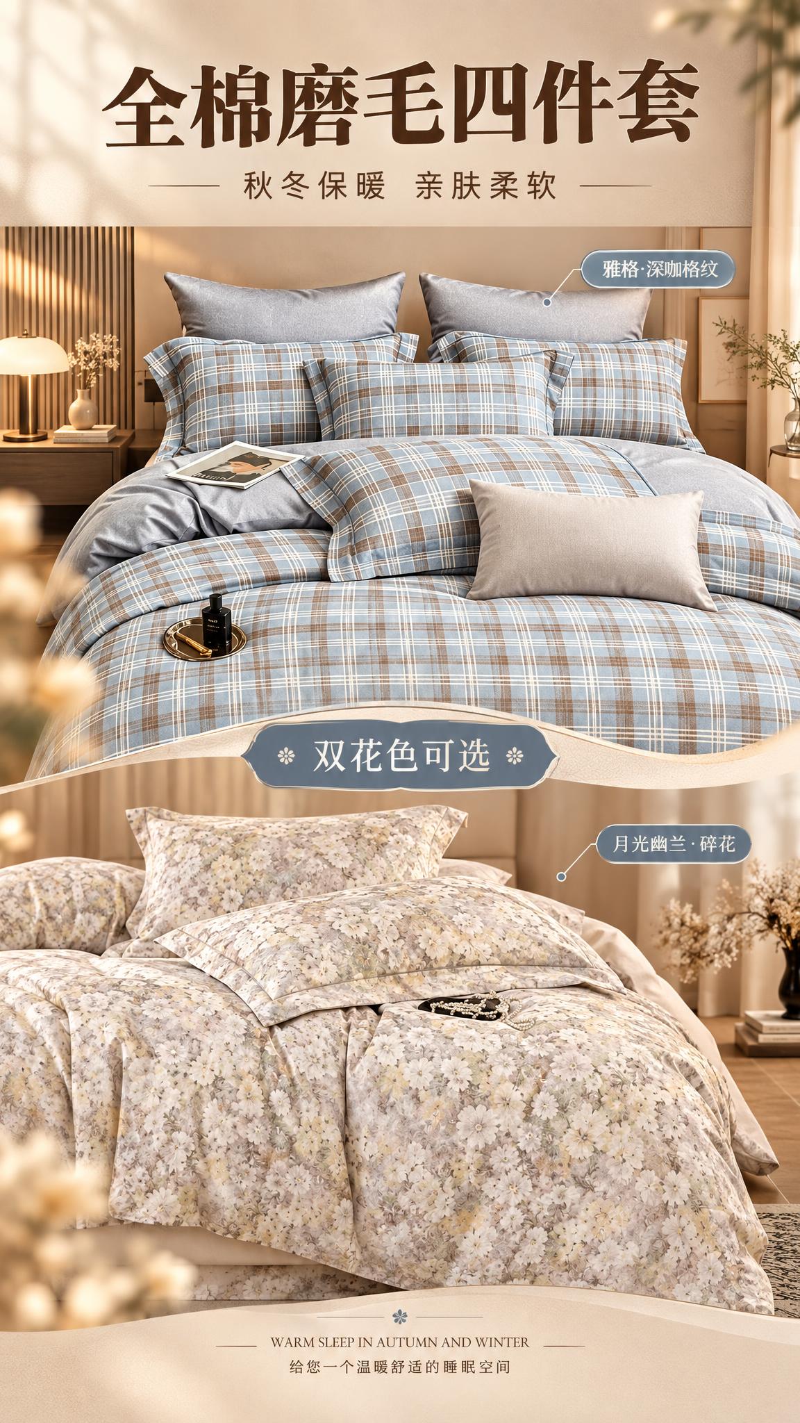 [商品] 使用【图1】雅格·深咖格纹四件套与【图2】月光幽兰碎… - 图片创意预览