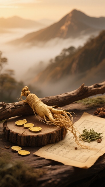 一张具有高度写实摄影风格的中药主题海报，主色调为温暖的棕黄色和土褐色，营造出古朴、自然、沉静的氛围。画面采用柔和的侧逆光，光线从左上方照射，在主体中药上形成明显的高光和细腻的阴影，增强立体感和质感。构图遵循三分法，主要物体集中在画面偏下位置，背景有浅景深的模糊处理。主体为一株完整的、形态饱满的人参，带有长长的须根，放置在一块粗糙的木质树桩切片上，树桩旁有一根横向的枯木枝干。人参旁边散落着几片切……预览效果