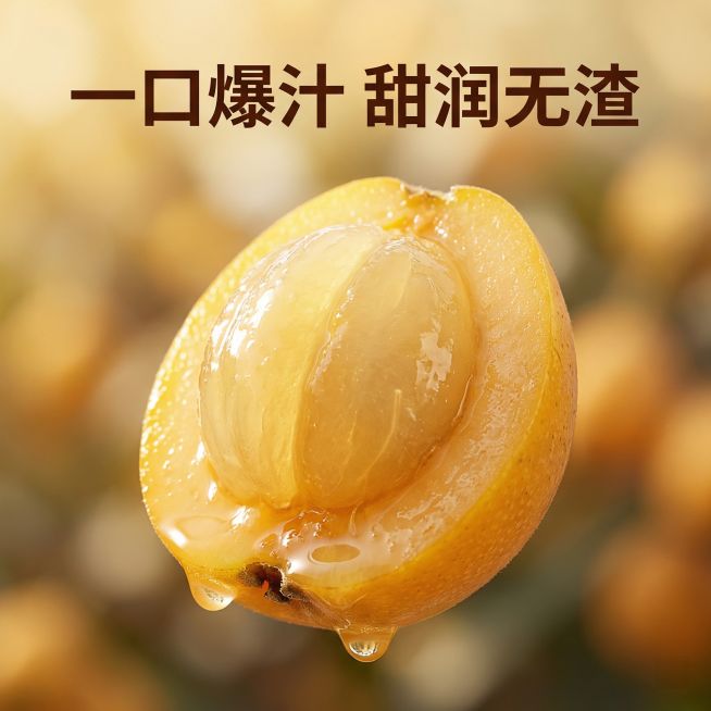 微距特写切开的云霄早钟枇杷，展示金黄通透的饱满果肉，汁水即将滴落，突出皮薄肉厚细腻无渣的特点，暖逆光打透果肉，背景虚化，顶部标题 "一口爆汁 甜润无渣"，深棕色字体，简洁排版，1:1正方形构图，无价格预览效果