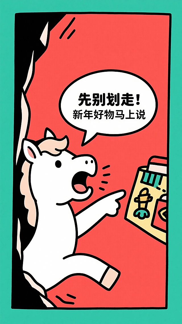 夸张漫画风，一匹马突然从画面边缘探出头来大声说话，嘴巴张开，音浪冲出画面，对话气泡写着「先别划走！」「新年好物马上说」，【商品】被马用蹄子指着，红色春节背景，构图有强烈打断感，极具点击冲击力