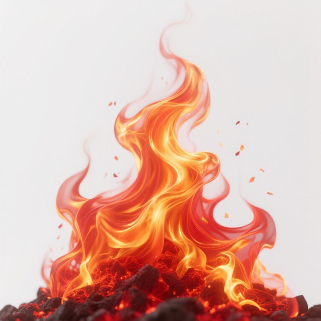 超写实火焰特写，以橙红与金黄为主色调，底部火焰呈现密集燃烧的炽热烈焰形态，向上逐渐过渡为灵动飘逸的火舌与轻盈的火星，火焰边缘带有明亮的高光与细腻的红色渐变，整体光影层次分明，具有强烈的立体感与动态燃烧的视觉冲击力，背景为纯白色，突出火焰的纯净与炽热，展现火焰从底部猛烈燃烧到上部轻盈舞动的变换造型，火焰纹理清晰可见，细节丰富，充满力量感与生命力。预览效果