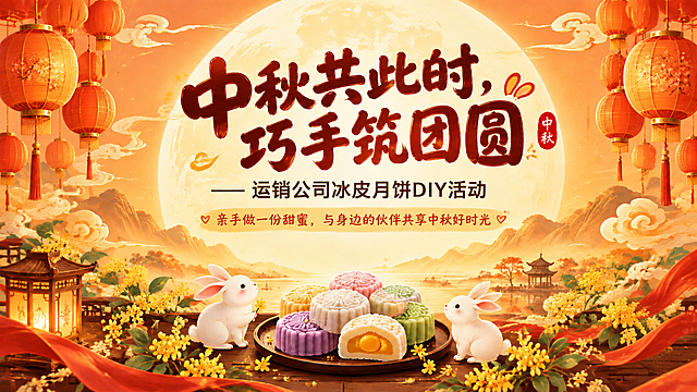 基于参考图重新生成中秋公司活动投屏海报，16:9横版。保留参考图的整体构图、背景元素（大月亮、灯笼、祥云、山水、桂花、玉兔、冰皮月饼、亭子等）和红橙暖色调。修改要求：1. 移除右下角的二维码占位方块，该区域恢复为正常的背景画面（桂花、红绸等元素自然延伸）；2. 主标题"中秋共此时，巧手筑团圆"更换为年轻活泼的字体风格，使用圆润可爱、富有设计感的现代艺术字体，笔画圆润饱满，带一点俏皮感，颜色为深棕红色，依然醒目大气但更年轻化；3. 副标题"——运销公司冰皮月饼DIY活动"更换为简洁现代的无衬线字体，清爽利落，符合年轻化审美；4. 小字标语"亲手做一份甜蜜，与身边的伙伴共享中秋好时光"也更换为轻盈活泼的手写体或圆润字体，温馨可爱；5. 整体字体风格统一偏向年轻、活泼、有活力，符合公司年轻化特点，同时保持排版精美、层级分明。画面中所有信息区域必须填充完整合理的内容，不得出现空白框、空白占位、横线待填写区域。
