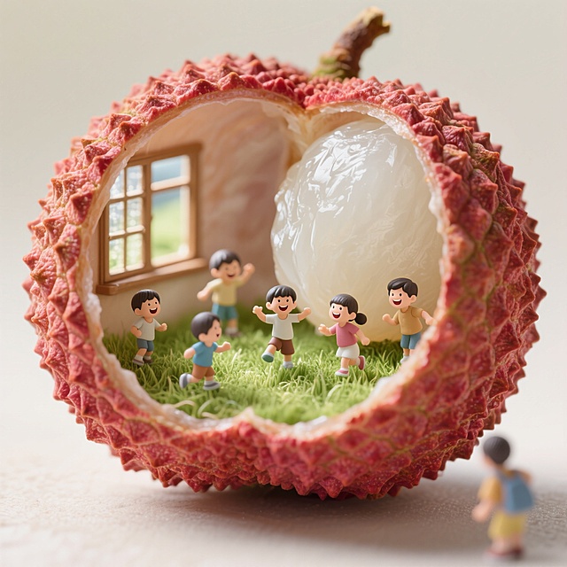 梦幻卡通风格，微缩艺术展现荔枝内部小世界，孩子们在果肉中嬉戏。