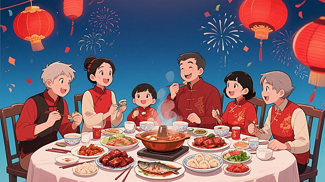 生成一家人坐在桌子旁边吃年夜饭的图片，元素丰富，色彩鲜艳，漫画风格