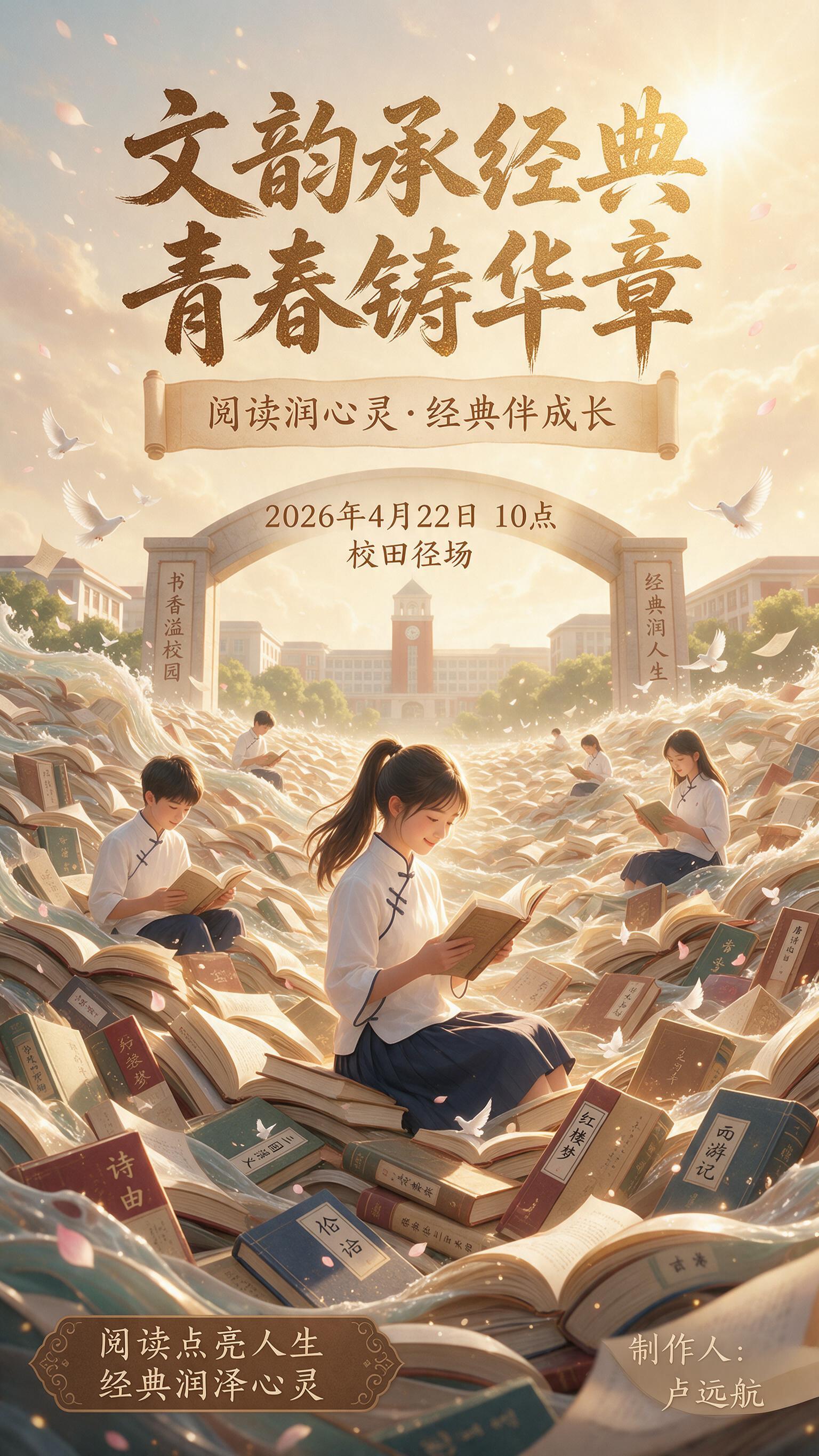 学校读书节活动海报，竖版构图，主题为“文韵承经典青春铸华章”。… - 图片创意预览