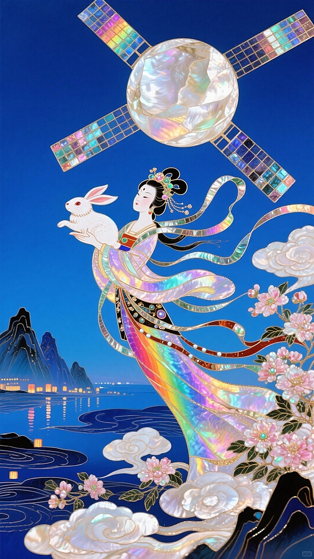 国潮风插画，嫦娥怀抱玉兔，身披彩虹流纱，背景融合卫星与山水，玻璃风质感与鎏金细节交织，梦幻唯美的中秋夜景。