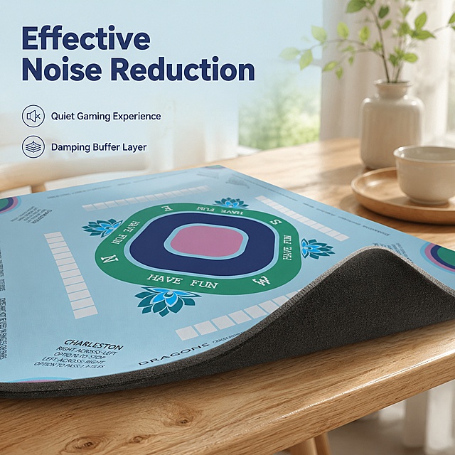 [Main Image 4] Noise reduction core selling point display. Low saturation light blue gradient background. Display the game mat placed in the home leisure scene, placed on the solid wood table, local close-up focus on the thick buffer layer of the product. Keep product surface pattern and color consistent with input image, no distortion. [Atmosphere style] comfortable home life, focus on functional experience. [Picture quality] commercial photography, soft light, clear texture, high definition. [Light and shadow] warm natural light from the window, soft light, soft shadow texture, transparent picture. [Color matching] product original color matching, wood color warm, overall low saturation comfortable collocation. [Text layout] the main title "Effective Noise Reduction" on the top left, large bold dark blue font. The bottom two small labels: "Quiet Gaming Experience" "Damping Buffer Layer", small font, do not block the main body. [Proportion resolution] 1:1 proportion, 2048px resolution, ultra high definition. [Negative prompt] deformation, text disorder, product picture blurred, messy background, watermark, e-commerce platform Logo.