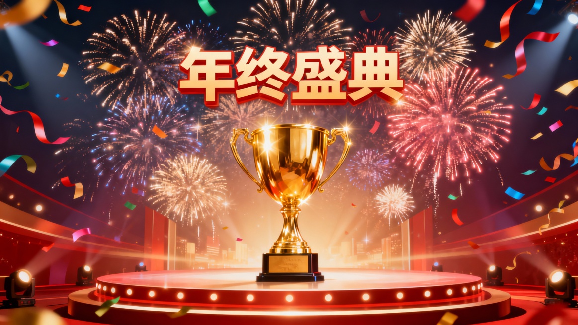 年终盛典海报，舞台中央有闪耀的金色奖杯，背景是绚丽的烟花和彩带，上方有“年终盛典”四个艺术字，整体色调喜庆华丽，充满节日氛围预览效果
