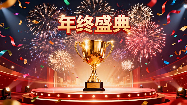 年终盛典海报，舞台中央有闪耀的金色奖杯，背景是绚丽的烟花和彩带，上方有“年终盛典”四个艺术字，整体色调喜庆华丽，充满节日氛围