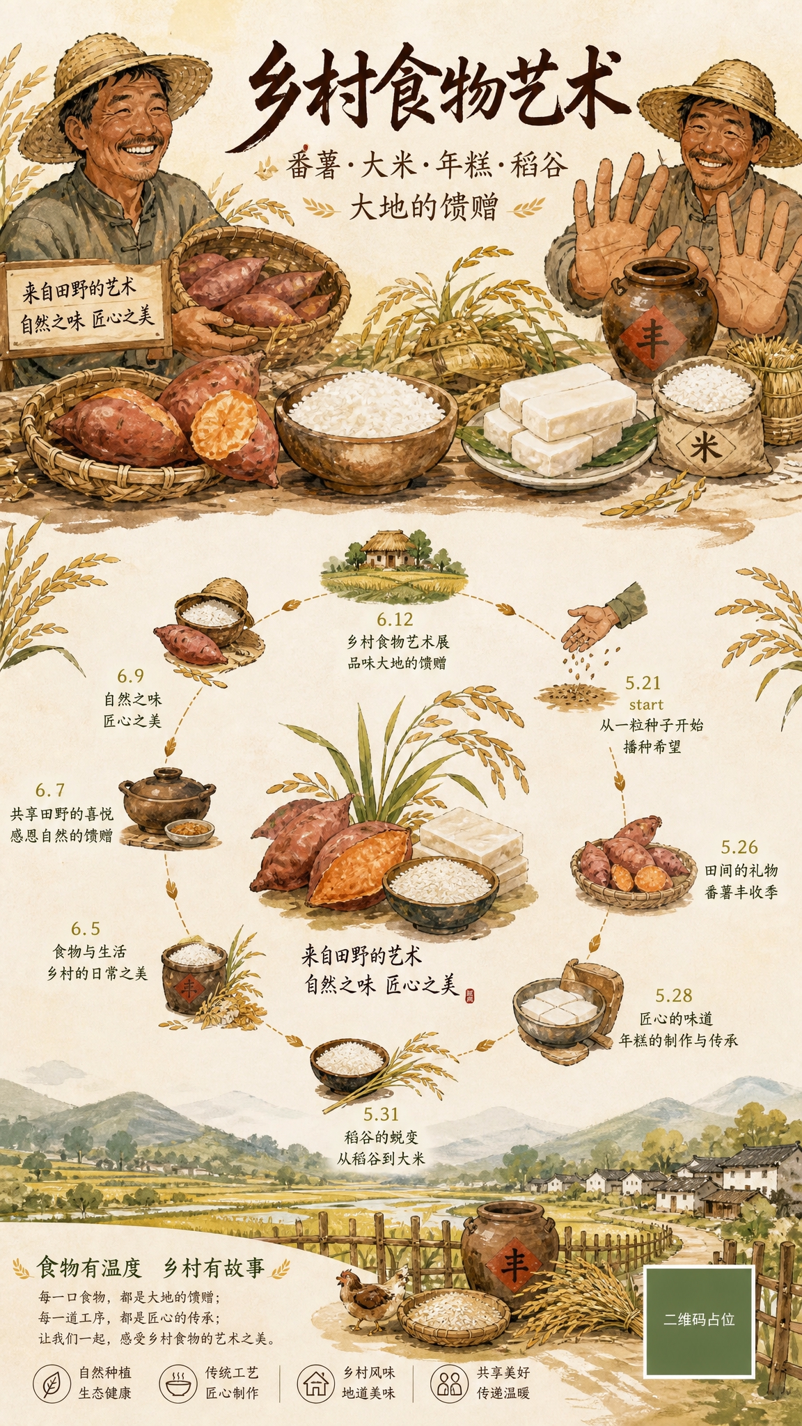 基于参考图的版式骨架进行重绘，将图中人物替换为乡村农民主题的头… - 图片创意预览