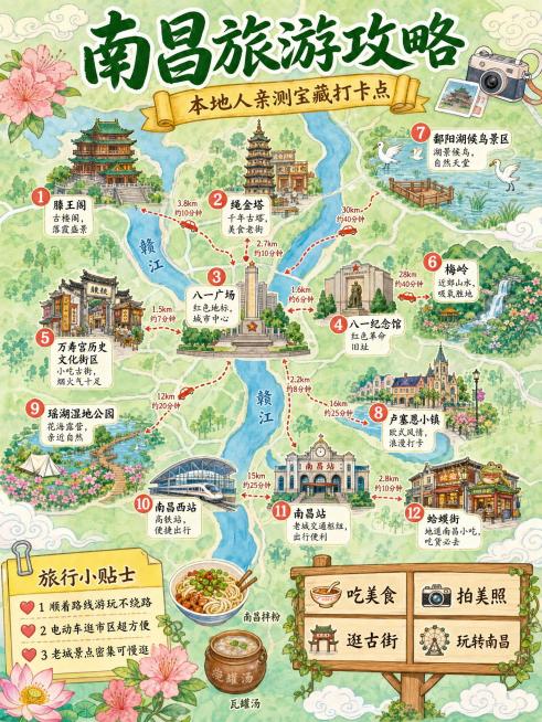 手绘卡通插画风南昌旅游攻略地图，4:3竖版构图，清新浅绿水彩底色地形底图，赣江蜿蜒贯穿全城;顶部大字标题"南昌旅游攻略”，搭配黄色卷轴小字“本地人亲测宝藏打卡点"，标注12个南昌核心点位，带红色数字序预览效果