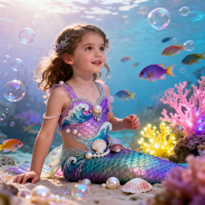 欧美可爱小女孩，梦幻元素海洋服饰，梦幻背景，露出手臂，大师级摄影预览效果