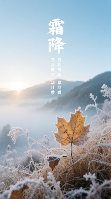 自然风景海报，前景为带霜的枯黄树叶与枯草特写，背景是薄雾笼罩的远山与日出光线，画面上方横排文字“霜降”，紧接着下方是竖着一排文字“万物披霜 华叶凝香”，整体色调以清冷蓝白为基底，突出霜的晶莹质感与自然预览效果