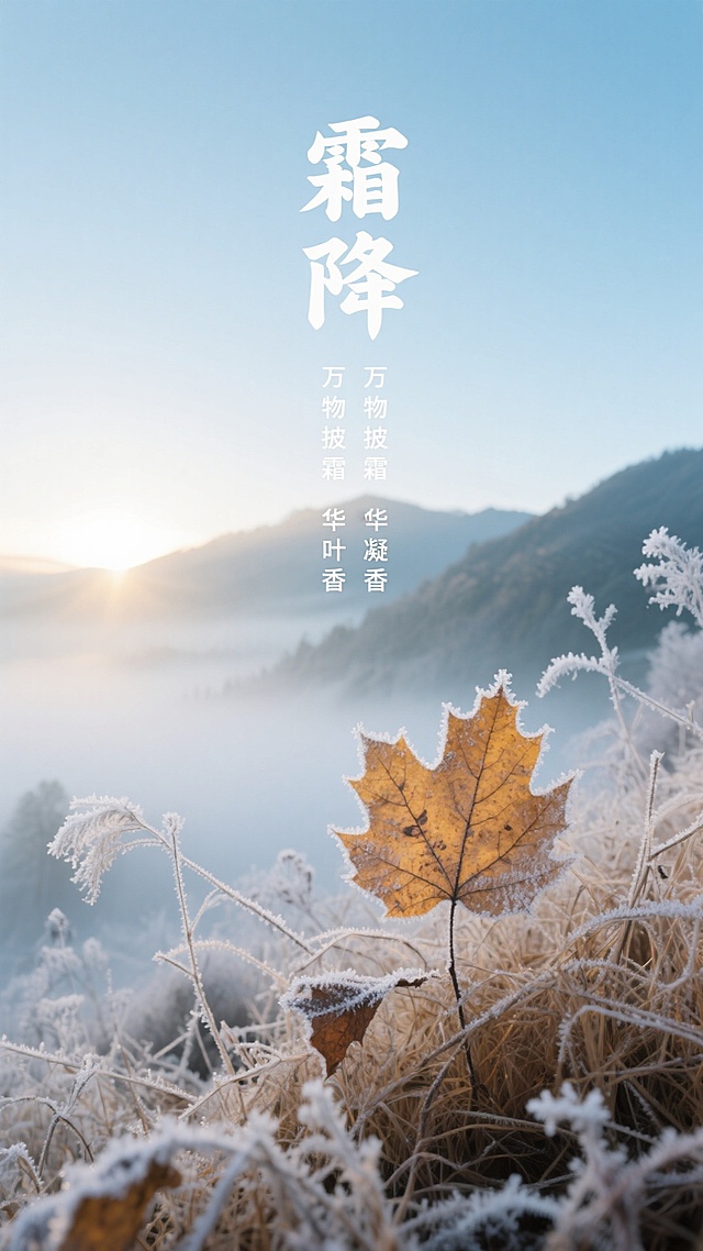 自然风景海报，前景为带霜的枯黄树叶与枯草特写，背景是薄雾笼罩的远山与日出光线，画面上方横排文字“霜降”，紧接着下方是竖着一排文字“万物披霜 华叶凝香”，整体色调以清冷蓝白为基底，突出霜的晶莹质感与自然的萧瑟美感。