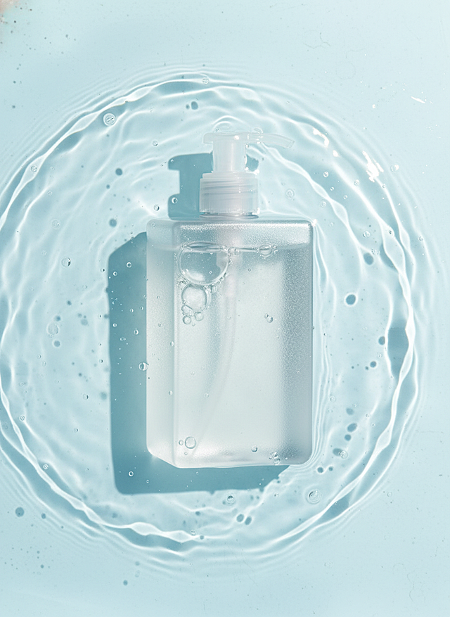 主体泡在波光粼粼、带有闪烁光点的淡蓝色水池里，以俯拍视角呈现，清新、水润的质感，采用写实的产品摄影风格。