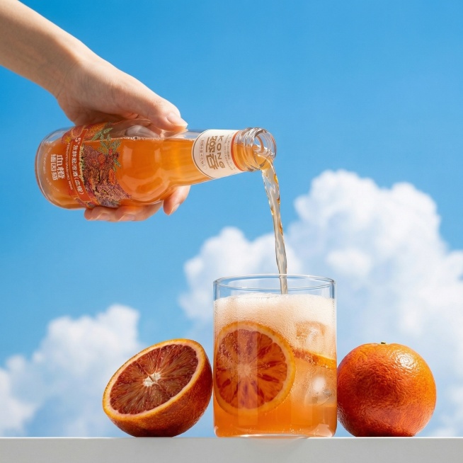 1:1 正方形构图，低角度仰拍的夏日清新治愈饮品使用场景，画面中心是一只纤细的手从画面左上方向右下方倾斜，手持空吞品牌血橙味发酵起泡酒，去掉酒瓶盖，瓶身严格还原上传的产品图，包括包装设计、颜色、LOG预览效果
