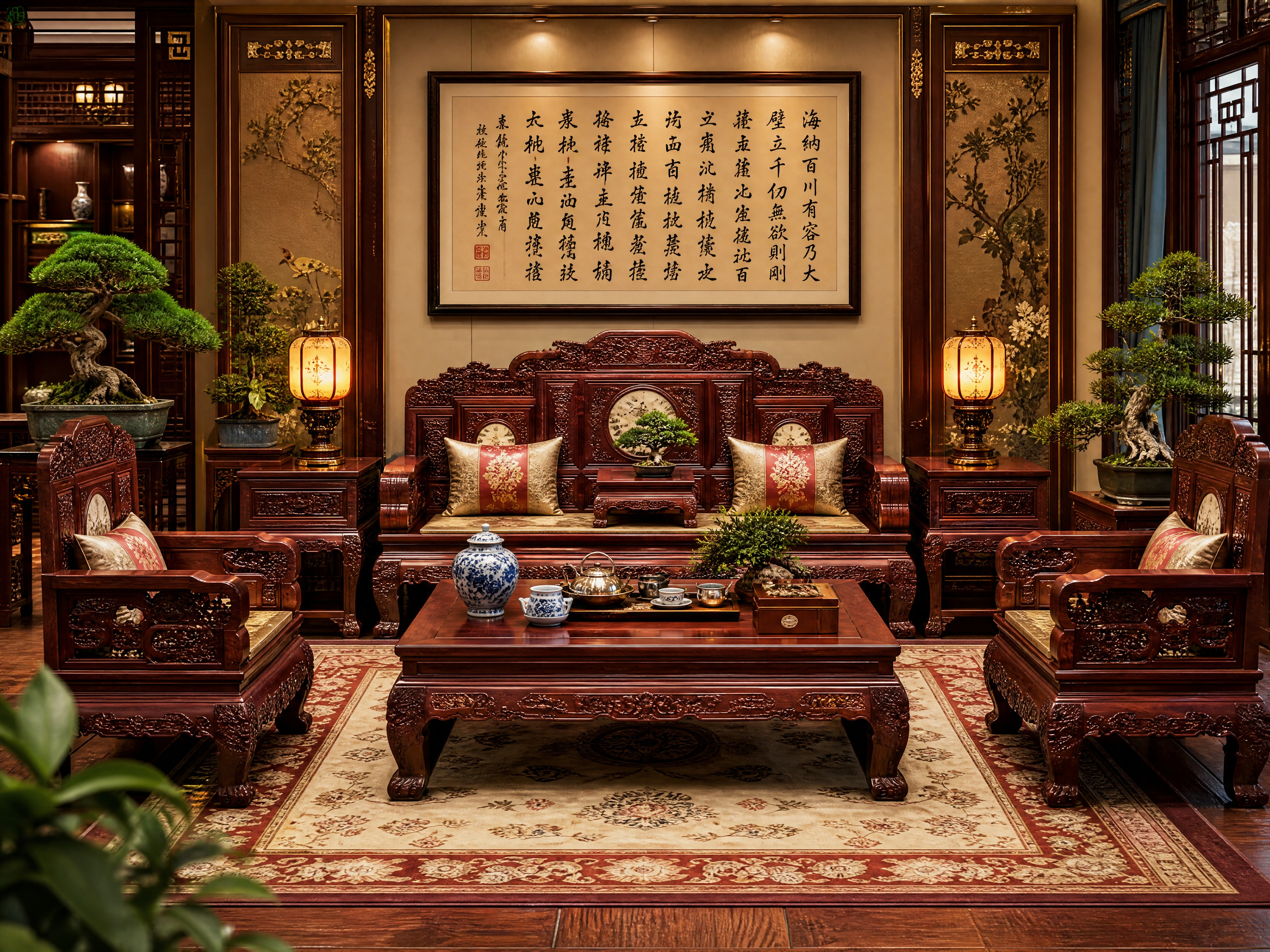古典中式会客厅，红木雕花沙发组包括三人沙发和两把扶手椅，搭配同… - 图片创意预览