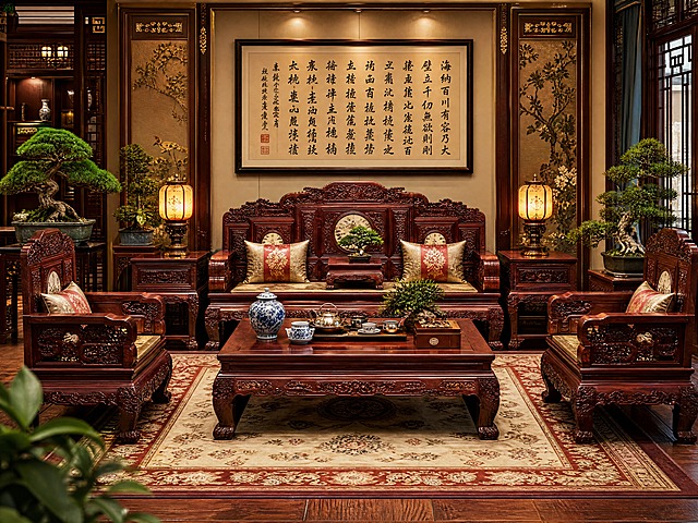 古典中式会客厅，红木雕花沙发组包括三人沙发和两把扶手椅，搭配同系列的大茶几和角几，茶几上摆放精致的青花瓷和茶具，角几上放置中式宫灯样式的台灯，室内多处摆放盆景绿植如罗汉松和榕树盆景，墙上挂有书法作品，地面是实木地板配传统纹样地毯，整体富丽堂皇又不失文雅，传统中式家具风格，高清细节