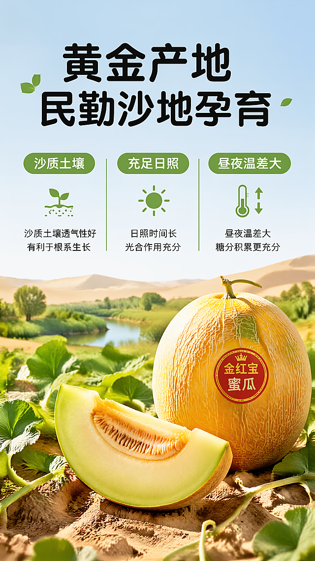 [第2屏] 核心产地展示屏，介绍甘肃武威民勤黄金产地优势。自然原生态，沙地绿洲光影。顶部主标题写“黄金产地 民勤沙地孕育”，下分三栏，分别展示“沙质土壤”“充足日照”“昼夜温差大”，右侧放完整金红宝蜜瓜（图4），保持外观正确。绿色圆角标签配白字，全局统一使用圆角黑色字体，字色仅黑色和绿色2种，纯色填充字效。整体9:16，4K，文字清晰，负向提示词：变形,文字错乱,背景杂乱